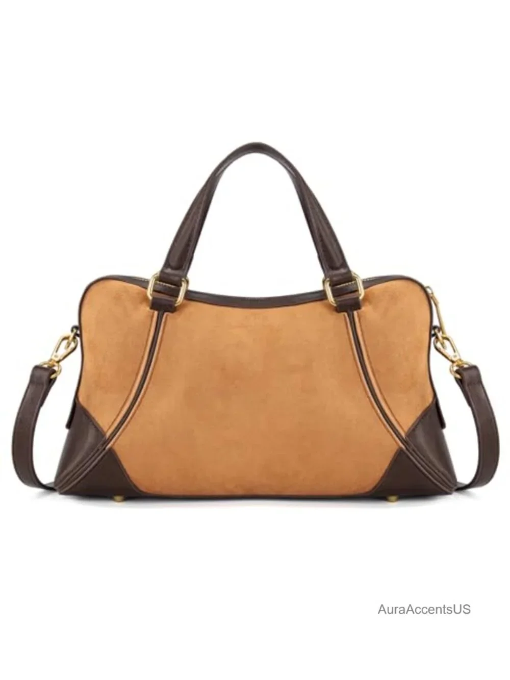 Faux Suede Satchel Crossbody Handbag with Top Handles and Adjustable Strap